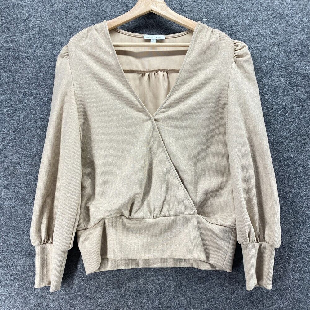 Allison Joy Blouse Women L Large Beige V-Neck Long Sleeve Pullover Casual Solid